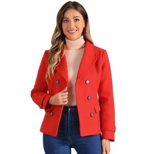 Notched Lapel Double Breasted Pea Coat Red